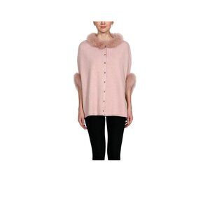 Belle Fare Pink Knit Poncho Sweater Fox Fur Collar Wool Blend Womens OS Luxury